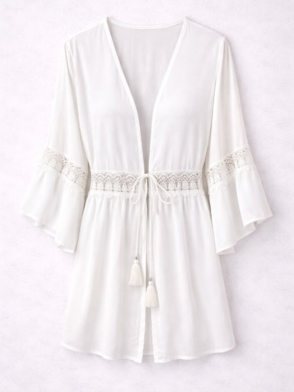 Blue Island Women's Crochet Trim White Swim Cover Up w/ Bell Sleeves Size Medium